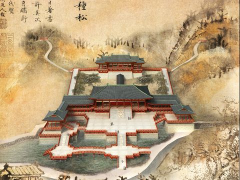 Neo-Chinese Style ancient building folk appearance bird's eye view psd