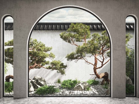 New Chinese courtyard pine landscape sketch