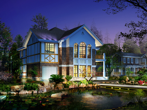 European-style single-family villa exterior night view psd