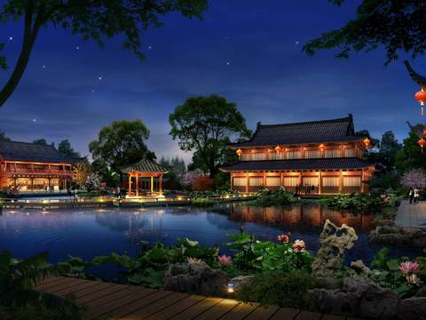 Neo-Chinese Style architectural appearance night landscape psd