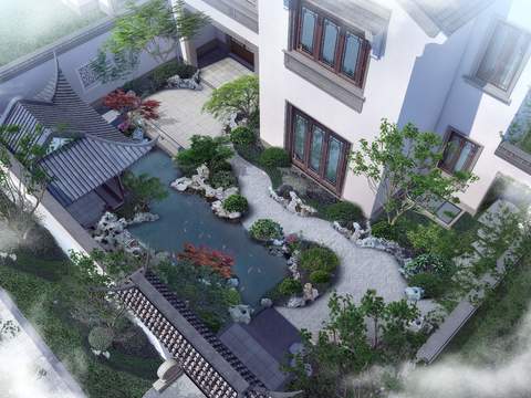 new chinese courtyard garden bird's eye view psd