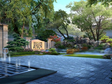 new chinese courtyard garden landscape psd