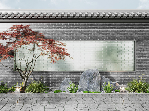 Neo-Chinese Style brick wall mountain stone red maple landscape sketch