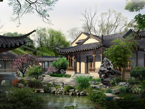 Neo-Chinese Style pavilion park landscape psd