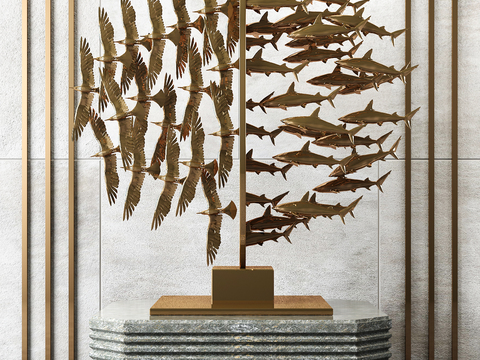 Modern Fish Bird Lobby Metal Sculpture