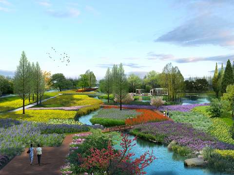 modern wetland flower park garden bird's eye view psd