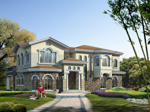 European-style single-family villa appearance psd