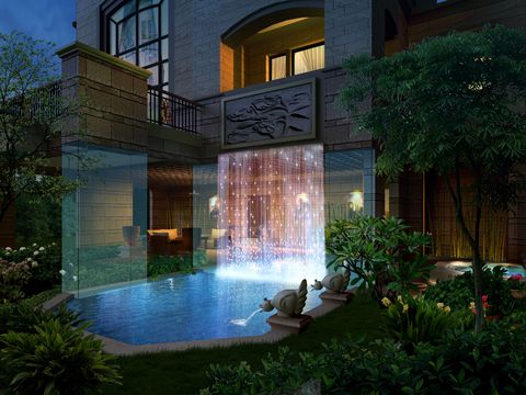 modern courtyard garden water curtain night psd