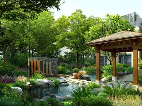 modern courtyard small bridge flowing water landscape psd