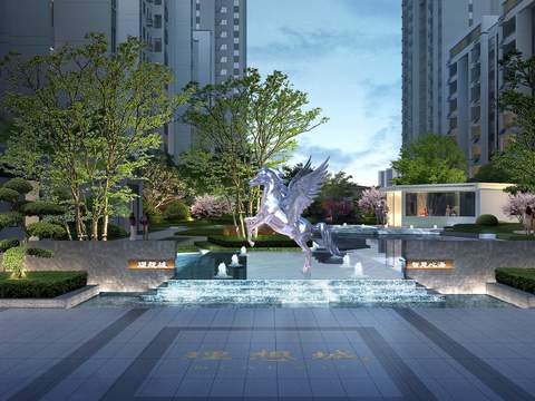 Pegasus sculpture fountain night scene psd