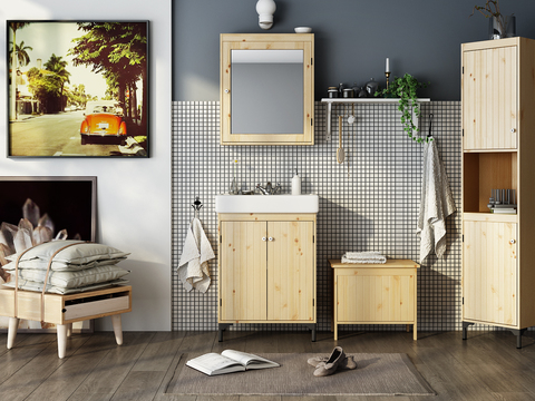 Nordic Solid Wood Bathroom Cabinet Washing Table Combination