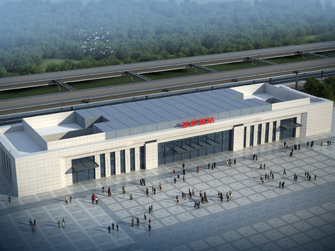 A bird's-eye view of the station building at the entrance of high-speed railway station