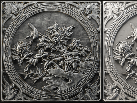 Chinese Style Stone Carving of Flowers and Birds