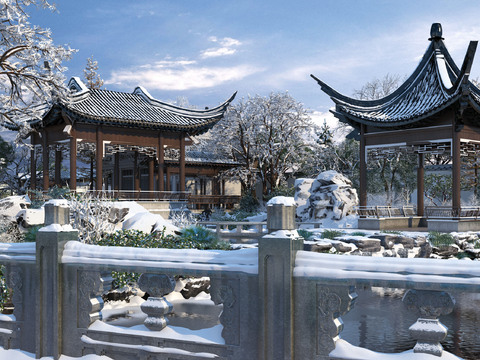 Chinese-style snow-view rockery bridge pavilion rest pavilion pavilion