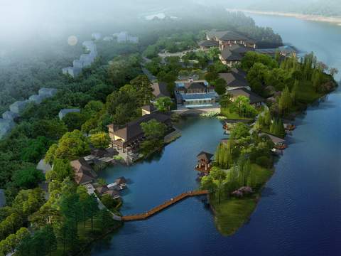 Neo-Chinese Style lakeside landscape psd