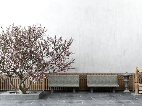 Neo-Chinese Style cherry tree stone bench fence combination