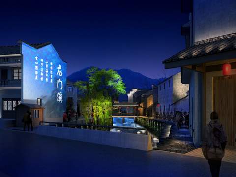 Neo-Chinese Style longmen creek entrance night scene psd