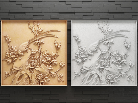 Neo-Chinese Style sandstone flower and bird relief