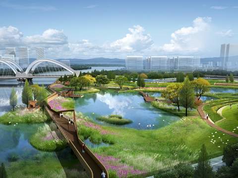 modern wetland park bridge garden bird's eye view psd