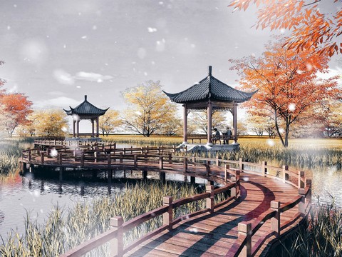 Chinese-style wooden plank road pavilion wetland park landscape