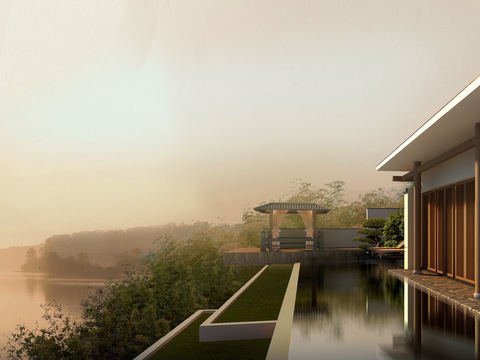 Neo-Chinese Style riverside resort villa appearance psd