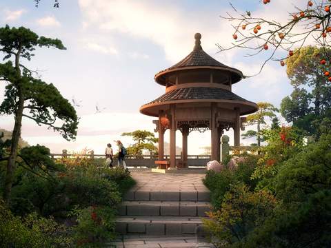 Neo-Chinese Style bamboo pavilion park landscape psd