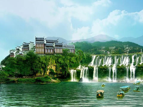 chinese ancient town waterfall psd