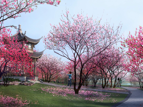 Neo-Chinese Style peach blossom tree Garden Landscape psd