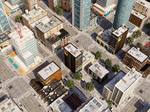 A bird's eye view of a modern city street