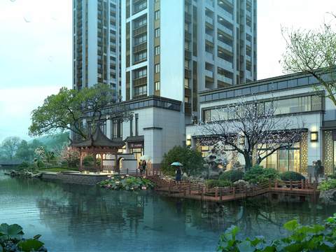 Neo-Chinese Style river garden garden psd