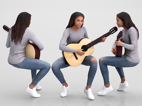 Modern Guitar Playing Sitting Woman