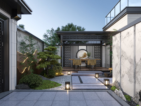 Neo-Chinese Style Villa Courtyard Night View