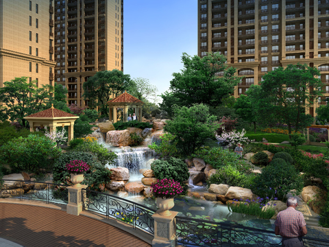 modern park fake stone flowing water landscape psd