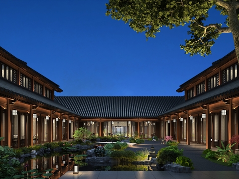 Night view of Chinese hotel atrium