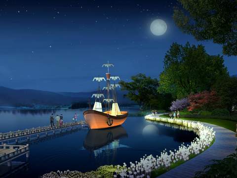 Neo-Chinese Style lake boat road bridge night scene psd