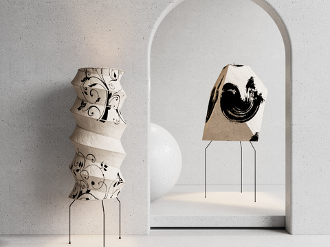 Japanese ink painting paper floor lamp