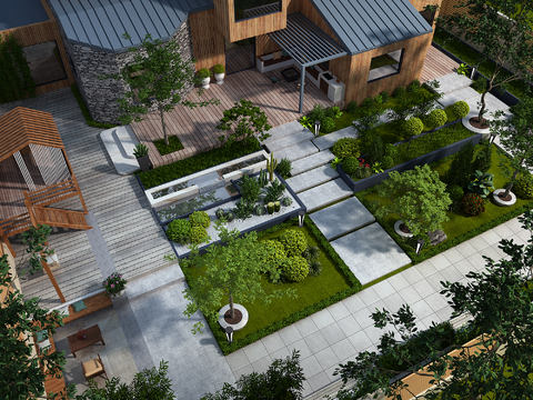 Modern villa courtyard bird's eye view