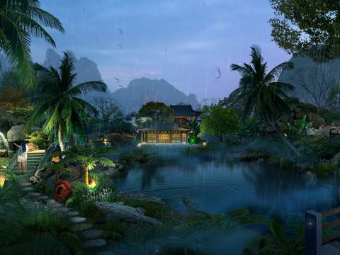 Neo-Chinese Style wetland garden night landscape psd