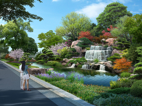 modern park fake stone flowing water landscape psd