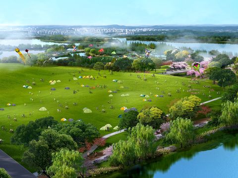 modern kite flying camping park bird's eye psd