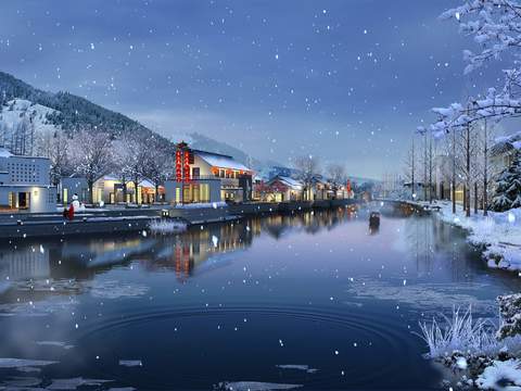 modern lake snow commercial street night scene psd