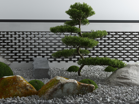 Japanese-style courtyard pine shrub landscape sketch