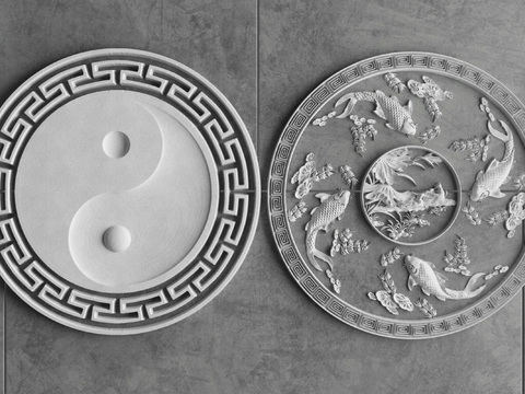 Chinese-style Eight Trigrams Carp Stone Carving