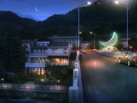 new chinese moon sculpture rural night scene psd