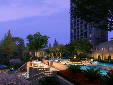 Neo-Chinese Style courtyard park garden night scene psd