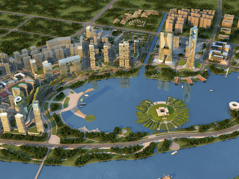 Aerial view of modern lakeside city