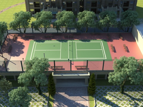 Modern outdoor tennis court bird's eye view