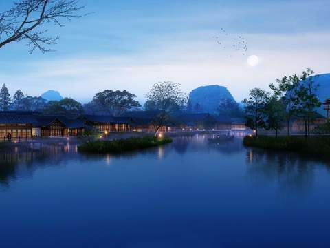 Chinese Lake Ancient Garden Night Landscape psd