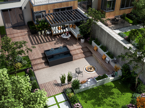 Modern villa courtyard garden bird's eye view