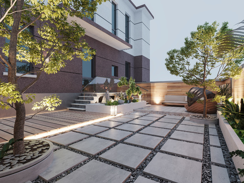 Modern villa courtyard night view